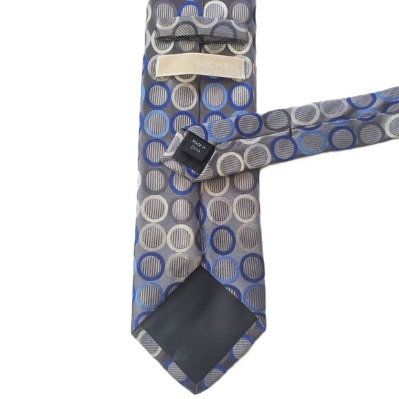 Michael Kors necktie 100% Silk, Blue, Grey & Silver circles on Grey 61"x 3.5" - Picture 3 of 5